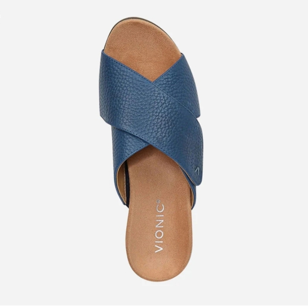 Vionic (Sz 9.5) Blue & Tan Adjustable Crisscross Strap Leticia Open Toe Sandals - Picture 13 of 14